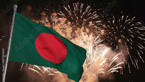 Wallpaper Mural Bangladesh flag waving with fireworks exploding at night celebration event outdoors Torontodigital.ca