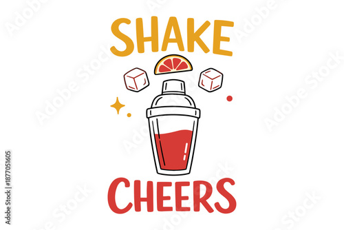 Colorful cocktail shaker design with ice cubes and citrus slice