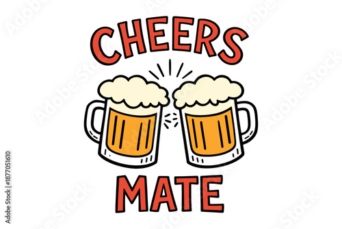 Colorful cartoon cheers with two clinking beer mugs