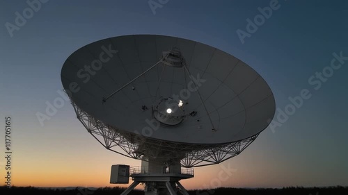 Large radio telescope dish illuminated at dusk, focusing on celestial signals against a twilight sky