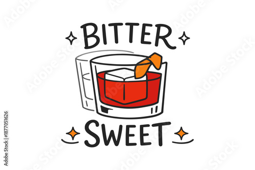 Bitter sweet cocktail with ice and orange garnish illustration