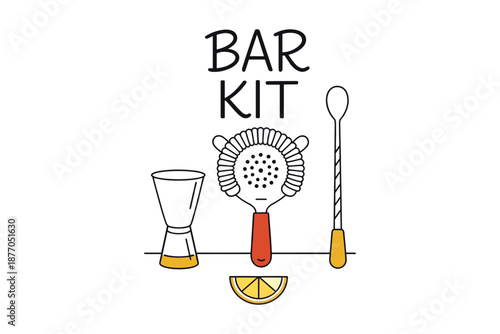 Bar kit illustration with jigger strainer spoon and orange slice