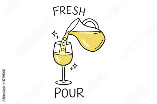 Fresh pour: yellow liquid from pitcher into wine glass with sparkles