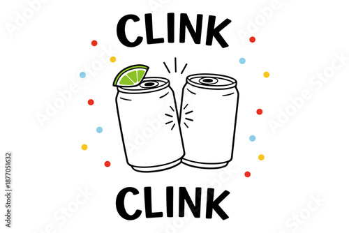Two soda cans clinking with lime garnish in festive design