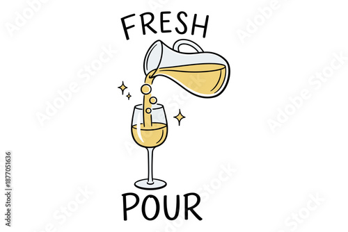 Fresh pour illustration of pitcher pouring beverage into wine glass with sparkles