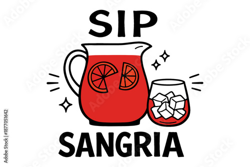 Refreshing sangria pitcher and glass with ice and citrus slices