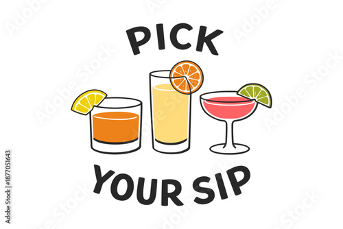 Assorted cocktails illustration with citrus garnishes and text
