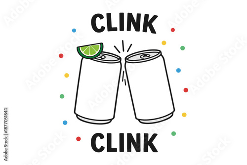 Celebration cheers: two beverage cans clinking with lime garnish and colorful dots