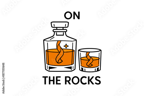 Whiskey decanter and glass with orange liquid and ice cube illustration