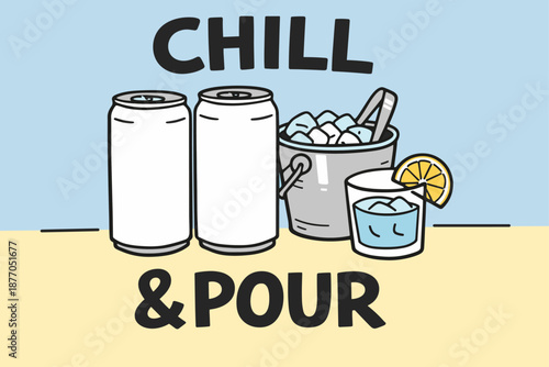 Chilled beverages with ice bucket and lemon drink on beach scene illustration