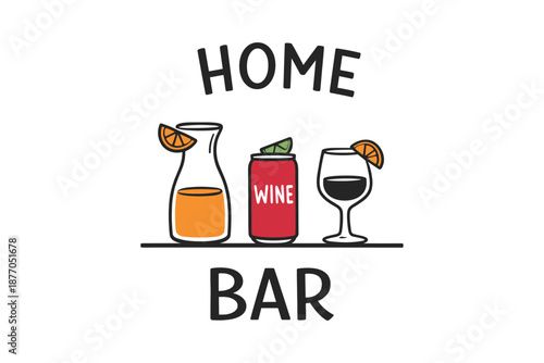 Home bar art with drinks: wine can, pitcher, wine glass