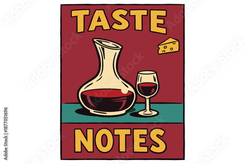 Wine tasting illustration with decanter and glass featuring cheese