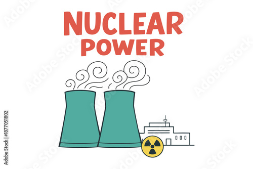 Nuclear power illustration with cooling towers and radiation symbol