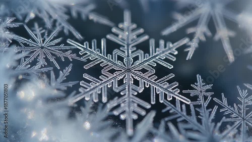 Captivating macro view of a pristine, detailed snowflake, showcasing its intricate crystalline structure and the delicate beauty of winter's frosty embrace