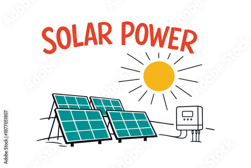 Solar power illustration with solar panels and sun design