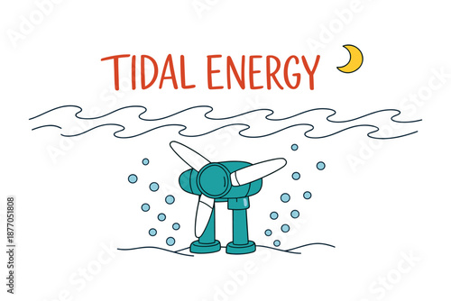 Tidal energy illustration with turbine and waves under moonlit sky