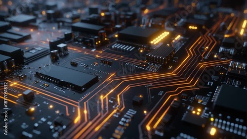 Digital circuitry close-up with glowing orange lines, depicting advanced computing, data flow, and the intricate foundations of modern technology and interconnected systems