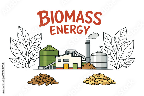 Biomass energy plant with fuel pellets and storage tanks illustration