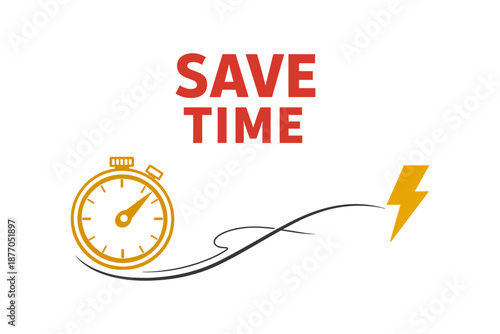 Save time concept with stopwatch and lightning symbol on white background