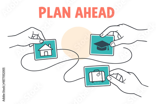 Planning ahead: home, education, travel decisions illustrated with icons