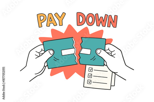 Concept of debt repayment with broken credit card and checklist