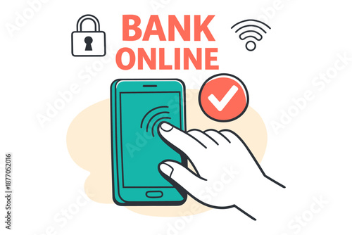 Online banking security with smartphone and fingerprint authentication icons