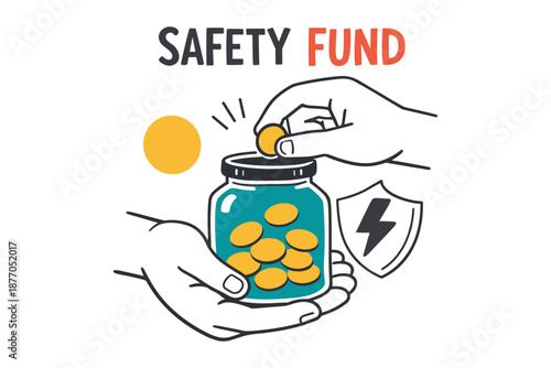 Safety fund concept: hands adding coins to jar with shield icon
