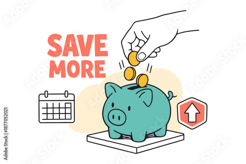 Saving money concept with piggy bank illustration and hand dropping coins