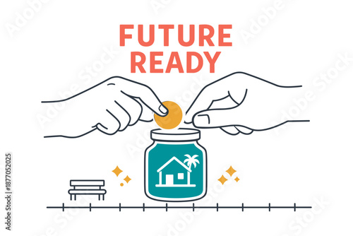 Saving for future home investment: hands dropping coins into house jar