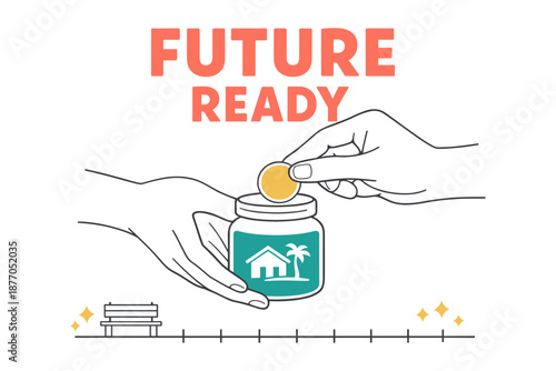 Hands placing coin into jar for future savings with home and palm icon