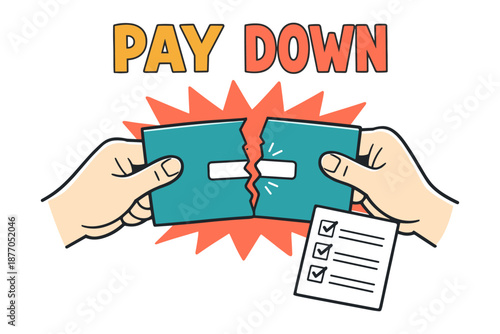 Illustration of debt pay down concept with broken credit card and checklist