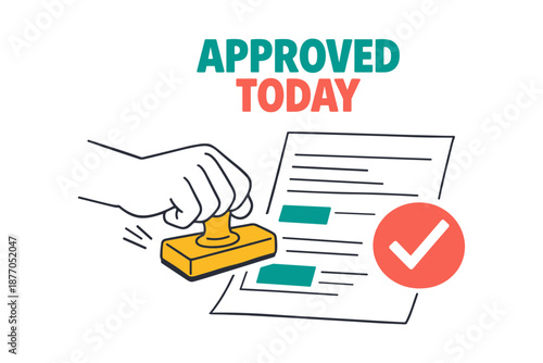 Approved today: hand stamping document with checkmark