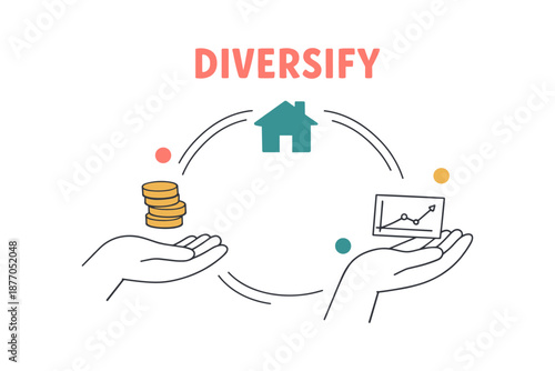 Diversify with balanced investments: coins, house, and growth chart illustration