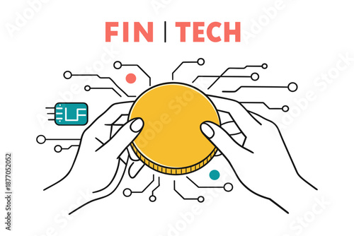 Hands holding coin with fintech circuit connections