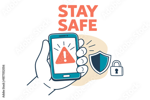 Stay safe mobile security alert with shield and lock icons
