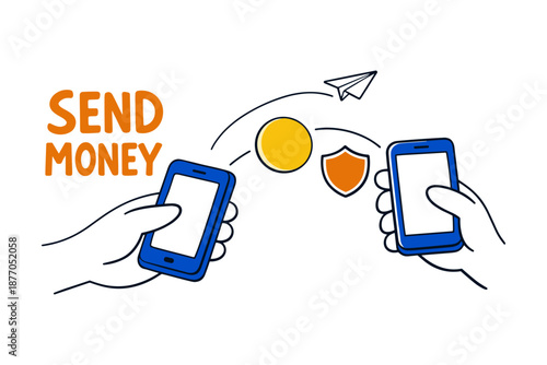 Digital payment transfer between smartphones illustration with send money text