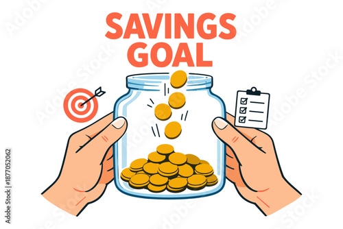 Savings goal concept with coins dropping into jar and target symbol