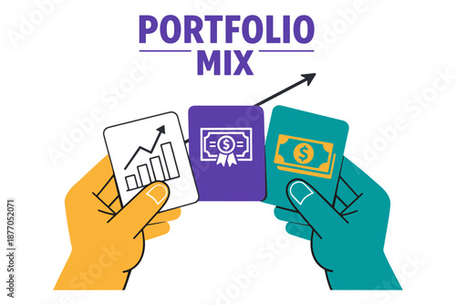 Portfolio mix graphic showing investment diversification with charts and currency symbols