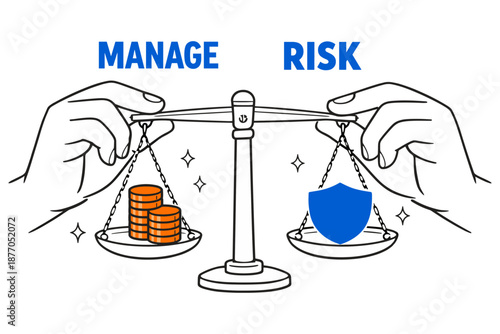 Balancing risk and management with coins and shield on scale