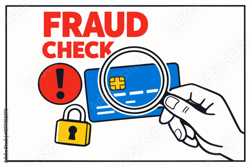 Fraud check concept: credit card security with magnifying glass, alert symbol, lock icon