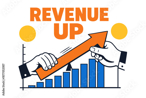 Revenue increase chart with rising arrow and hands illustration