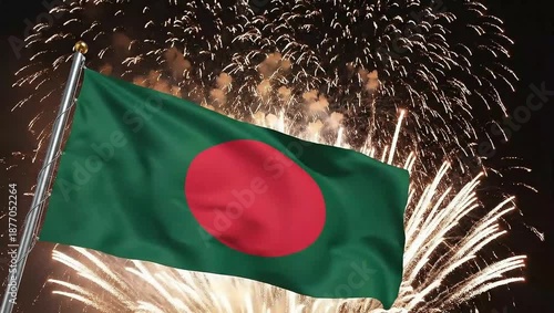 Wallpaper Mural Bangladesh flag waving in front of fireworks explosion at night celebration scene viewed from the front Torontodigital.ca
