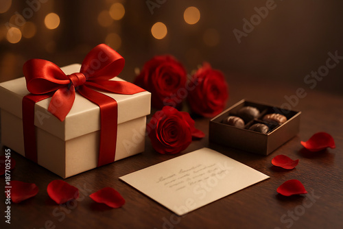 Valentine’s Day gift box with red roses, chocolates and love letter on table 