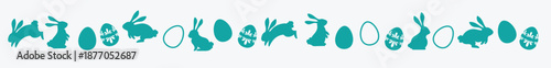 Easter border silhouette with rabbits and decorated eggs. Seamless horizontal garland divider for spring holiday design. Black vector icons isolated on white background