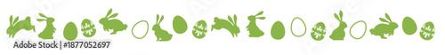Easter border silhouette with rabbits and decorated eggs. Seamless horizontal garland divider for spring holiday design. Black vector icons isolated on white background