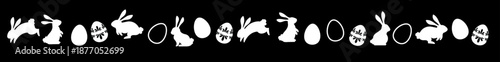 Easter border silhouette with rabbits and decorated eggs. Seamless horizontal garland divider for spring holiday design. Black vector icons isolated on white background