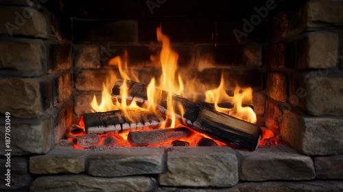 Warm orange flames and glowing red heat consume a seasoned wood log in a dark fireplace, creating a bright blaze of yellow light against the black night
