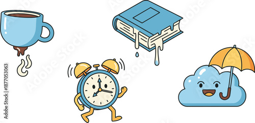 A cartoon alarm clock, coffee cup, cloud, and notebook arranged together, viewed from directly above in a playful illustration
