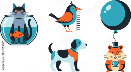 Cartoon animals in various scenes and activities, depicted in a vibrant and playful illustration style.