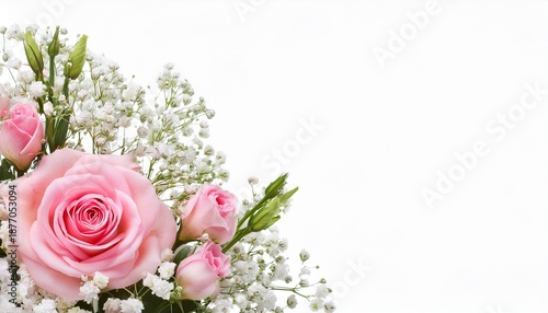 Pink Rose Eustoma And Gypsophila Flowers In A Corner Floral Arrangement Isolated On White Or Transparent Background